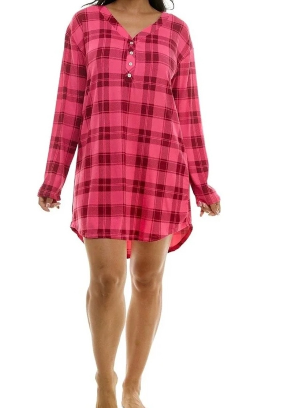 Womens Roudelain Pink Plaid Henley Nightshirt Sleep Dress Loungewear Cozy